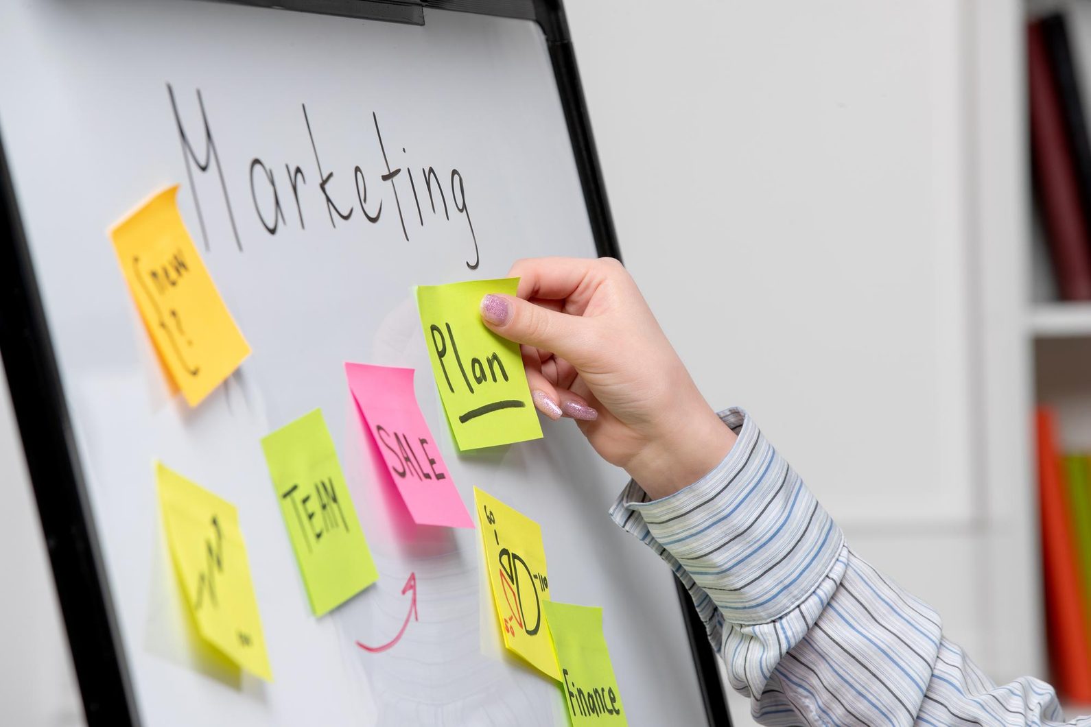 Sticky notes on a marketing plan whiteboard