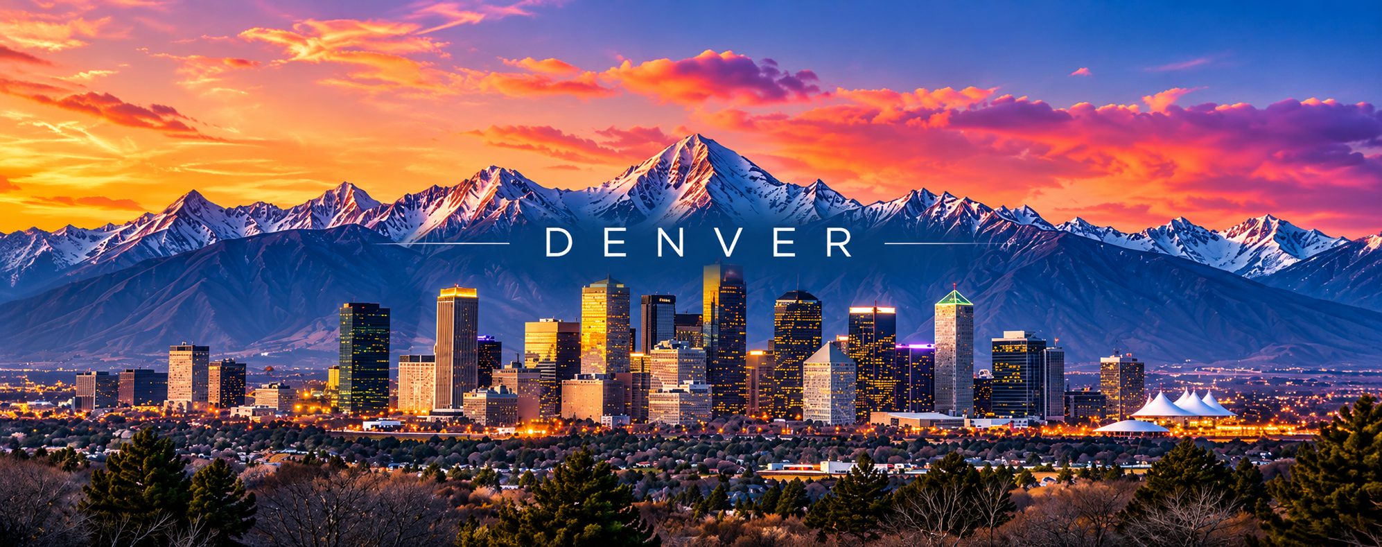 Denver skyline at sunset with the Rocky Mountains