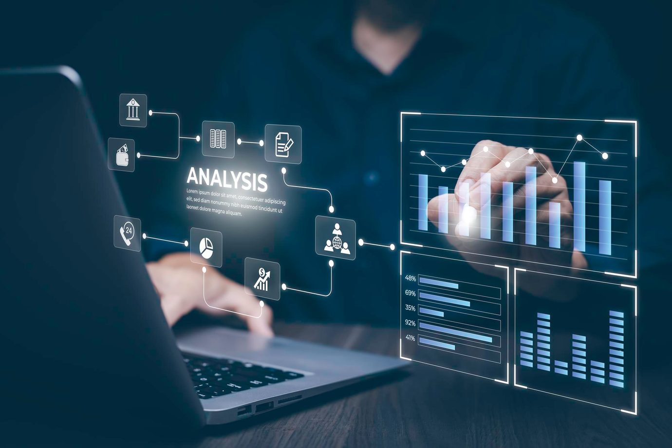 Marketer analysing a data dashboard on a laptop